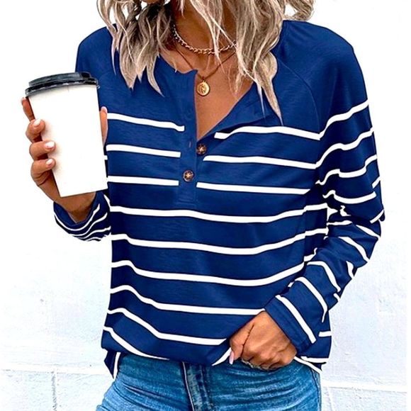 NEW Deep Blue Sea & White Stripe Long-Sleeve Henley - Women XL, XXL - Picture 2 of 4